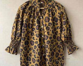 Leopard Print Blouse, Boho Button Down Shirt, Mustard Animal Print Top, High Neck Smocked Cuff Tunic, Chic Workwear,full Sleeve Fall Fashion