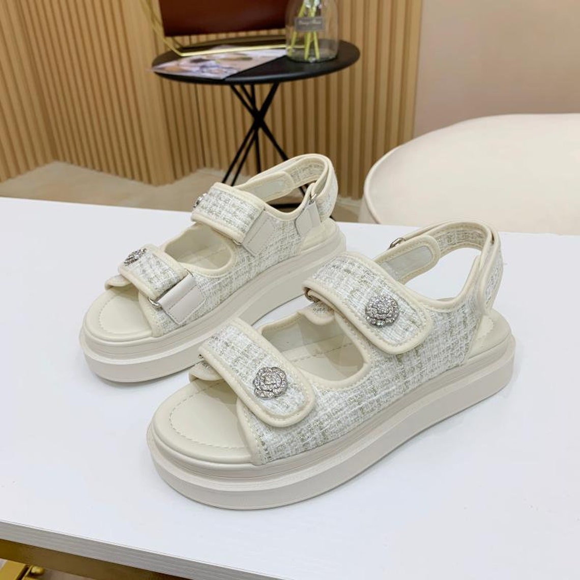 tweed velcro sandals