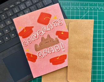 Cat Themed Greeting Card - "Congrats Grad" (red) | Graduation
