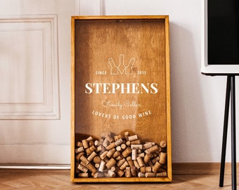 Cadeau en bois personnalisé vin | Porte-bouchons de liège personnalisé | Cadeau d'anniversaire pour couple/parent | Idée cadeau nom de famille | Décoration murale bar