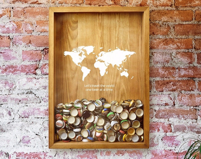 Customized Beer Cap Holder | Beer Lover Birthday Gift For Him | World Map Beer Cap Art Decor| Personalized Wooden Beer Cap Shadow Box | Beer