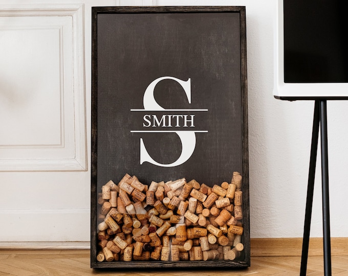 Wine Cork Holder, Family Monogram Gift, Custom Last Name Home Gift, Personalized Sign for Family, Black Wood Decor, Display Case Shadow Box