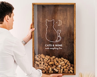 Regalo per l'amante dei gatti, regalo per la mamma del gatto, porta tappo per vino personalizzato, idea regalo divertente per il proprietario del gatto, bar da cucina per decorazioni per la casa in legno, scatola espositiva