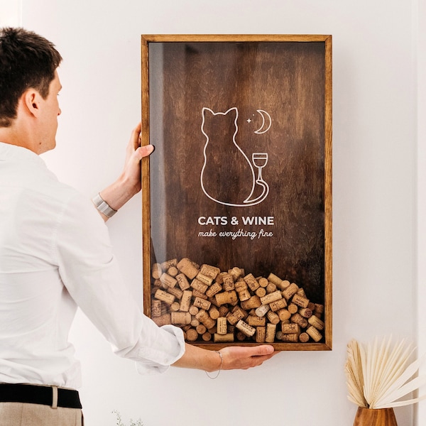 Cat Lover Gift, Cat Mom Gift, Custom Wine Cork Holder, Cat Owner Funny Gift Idea, Wooden Wall Home Decor Kitchen Bar, Display Box