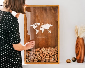 Birthday Wine Gift for Her & Him, Custom Wine Cork Holder, Wine Cork Art, Personalised Travel Lover Gift, World Map Sign, Wooden Shadow Box