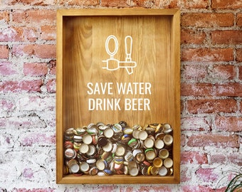 Customized Beer Cap Box | Save Water Drink Beer Sign | Beer Lover Funny Gift Idea for Him | Beer Cap Collector | Beer Caps Wall Art Decor