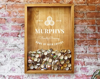 Beer Cap Shadow Box | Personalized Beer Cap Collector | Family Name Gift | Anniversary Gift for Couple / Parents | Wooden Beer Sign Wall Art