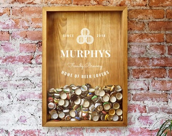 Beer Cap Shadow Box | Personalized Beer Cap Collector | Family Name Gift | Anniversary Gift for Couple / Parents | Wooden Beer Sign Wall Art