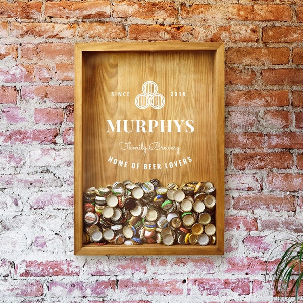 Beer Cap Shadow Box | Personalized Beer Cap Collector | Family Name Gift | Anniversary Gift for Couple / Parents | Wooden Beer Sign Wall Art