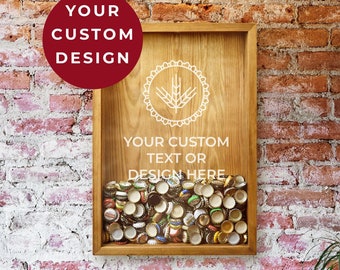 Your CUSTOM TEXT or DESIGN, Wooden Beer Cap Holder, Rustic Beer Cap Shadow Box, Beer Cap Collector, Personalized Gift for Him, Beer Sign