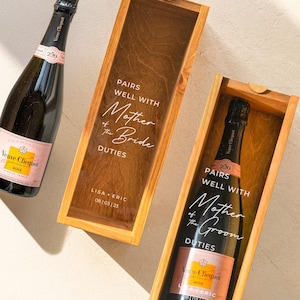 Set van 2 cadeau moeder van de bruid en cadeau moeder van de bruidegom, huwelijkscadeau voor moeder / moeder, aangepaste champagneboxen, gepersonaliseerde wijnkist