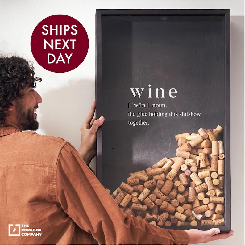 Wine Lover Gift Idea, Handmade Wine Cork Collector, Wine Cork Frame, Bar Wall Decor, Wooden Wine Sign, Cork Display Box, Funny Wine Gift image 1