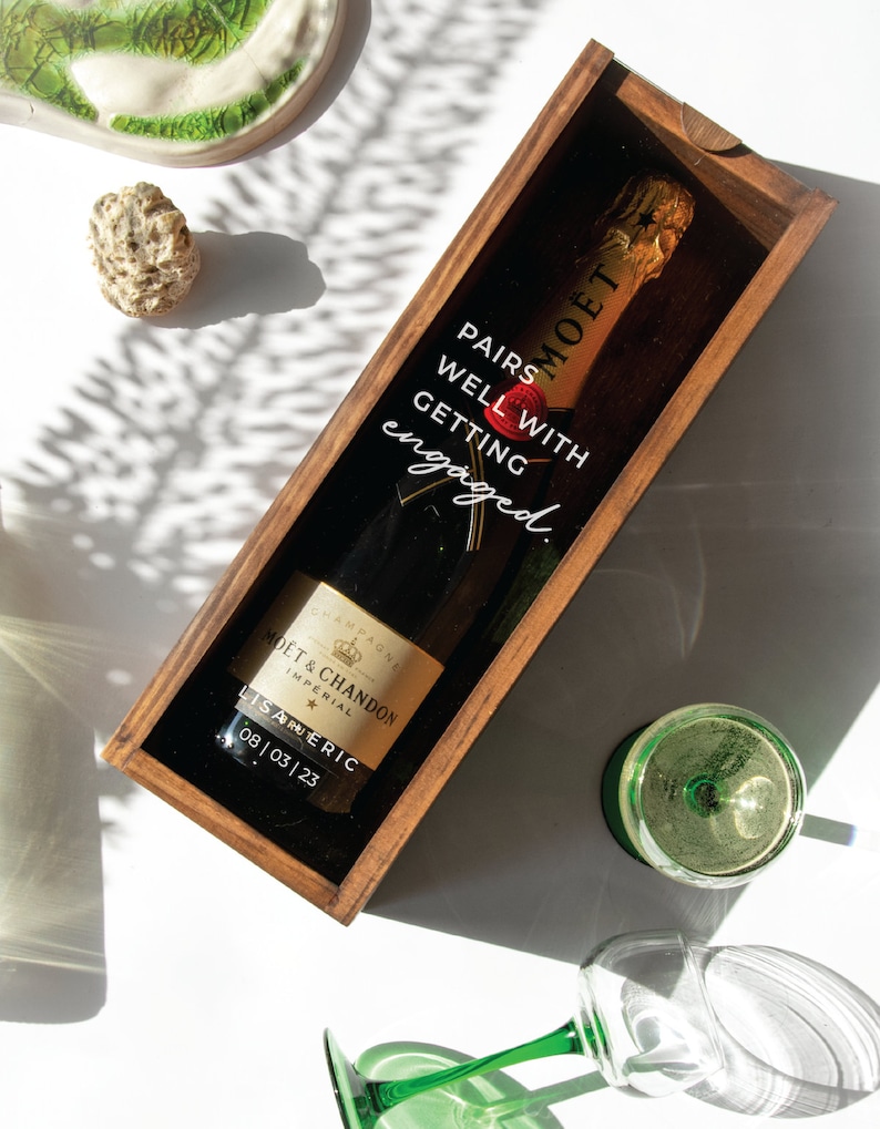 Engagement Gift for Couple, Personalized Engagement Wine Bottle Box, Custom Champagne Box, Wooden Wine Box, Pairs Well With Getting Engaged image 7