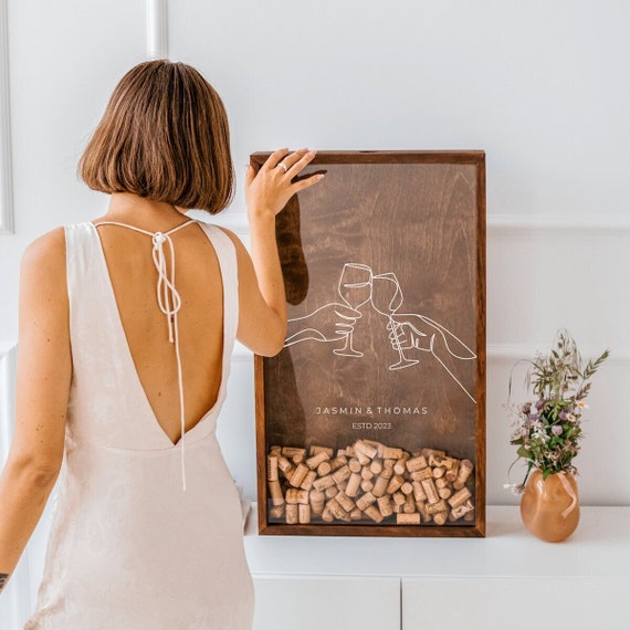 Wedding Couple Gift, Custom Wedding Gift Idea, Wooden Wine Cork Holder, Engagement Gift for Her & Him, Rustic Wedding Guest Book