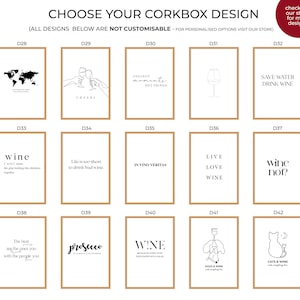 May include: A grid of 12 corkboard designs featuring various wine-themed illustrations and text. The designs include a world map, a toast, a wine glass, a cat with a glass of wine, and text such as "Wine not?" and "Live Love Wine".