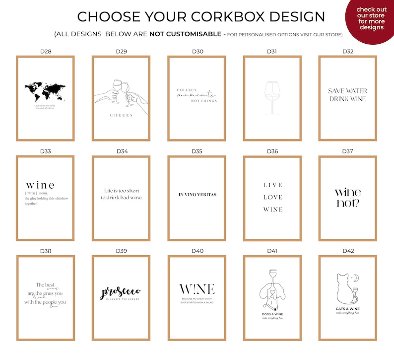 May include: A grid of 12 corkboard designs featuring various wine-themed illustrations and text. The designs include a world map, a toast, a wine glass, a cat with a glass of wine, and text such as "Wine not?" and "Live Love Wine".