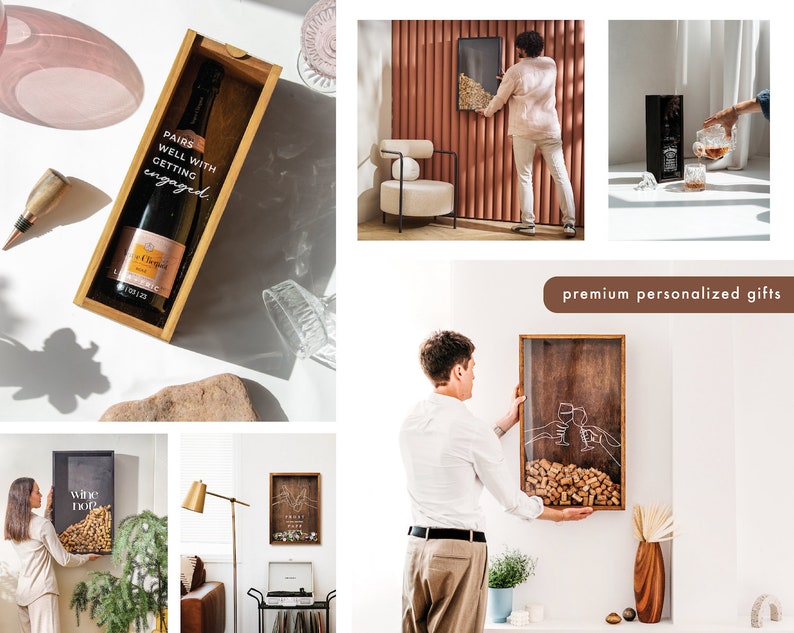 May include: A wooden box with a glass front displays a bottle of champagne. The box has the text "Pairs well with getting engaged" printed on the side. The box is sitting on a white surface.