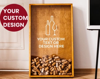 Your CUSTOM TEXT or DESIGN, Wooden Wine Cork Holder, Rustic Wine Cork Shadow Box, Kitchen Bar Wall Art Decor, Personalized Shadow Box