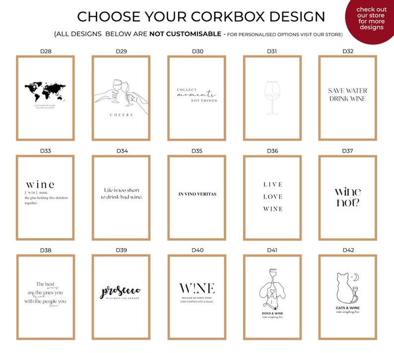 May include: A grid of 12 corkboard designs featuring various wine-themed illustrations and text. The designs include a world map, a toast, a wine glass, a cat with a glass of wine, and more. The designs are labeled with numbers D28 through D42.