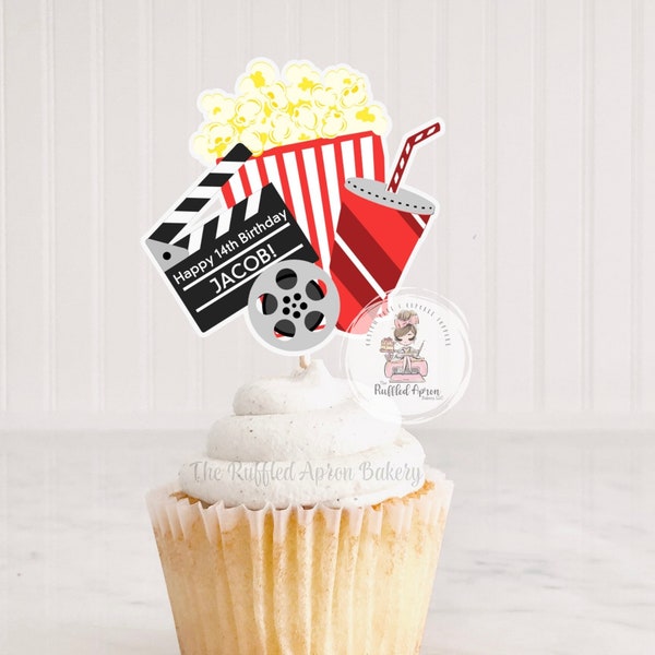 Movie Theater Cupcake Toppers | Movie Night | Popcorn and Clapboard Topper | Movie Theater Cupcakes | 12 Count