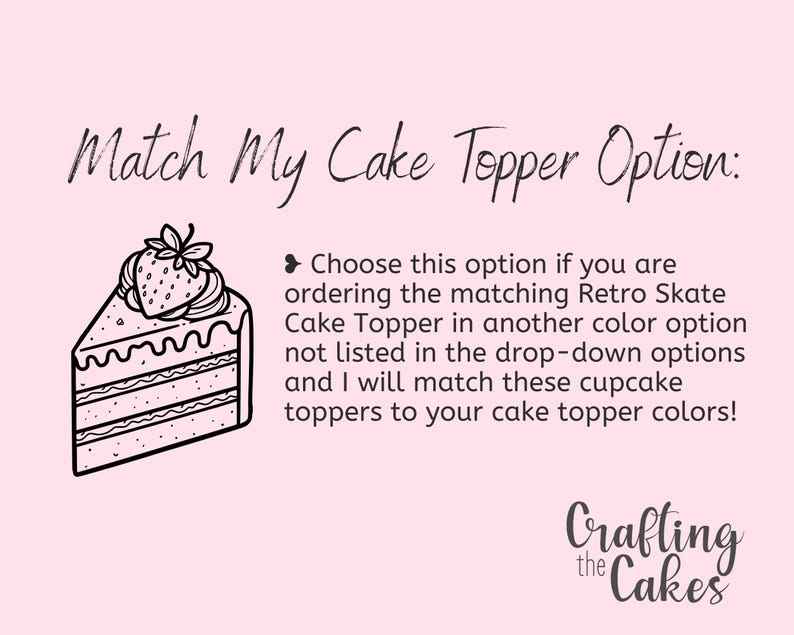 May include: A pink background with the text "Match My Cake Topper Option:" and a black and white illustration of a cake slice topped with a strawberry. Text explains how to order matching toppers.