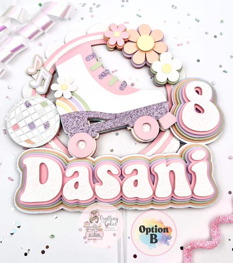 May include: A layered cake topper with a roller skate, flowers, and a disco ball. The name "Dasani" is displayed in large, layered letters. The number "8" is also included. The color scheme is pastel pink, purple, and white.