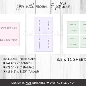 May include: Printable PDF templates for creating gift tags or cards. The image shows three different sizes of tags: 4 x 2 inches, 5 x 2.5 inches, and 6.5 x 3.25 inches. The tags are designed to be folded in half. The text "You will receive 3 pdf files" is at the top of the image. The text "INCLUDES THESE SIZES" is at the bottom of the image, followed by a list of the three sizes of tags. The text "8.5 x 11 SHEETS" is also at the bottom of the image. The text "DESIGN IS NOT EDITABLE DIGITAL FILE ONLY" is at the bottom of the image.