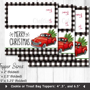 May include: Three printable Christmas treat bag toppers featuring a red truck with a Christmas tree in the back. The toppers are in three sizes: 4 inches by 2 inches, 5 inches by 2.5 inches, and 6.5 inches by 3.25 inches. The toppers have a black and white checkered background with the text "*MERRY* CHRISTMAS" at the top.