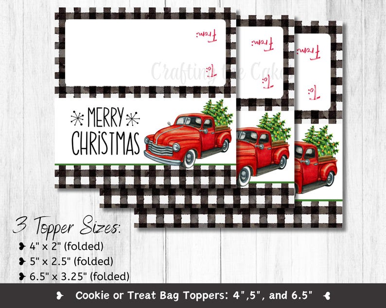 May include: Three printable Christmas treat bag toppers featuring a red truck with a Christmas tree in the back. The toppers are in three sizes: 4 inches by 2 inches, 5 inches by 2.5 inches, and 6.5 inches by 3.25 inches. The toppers have a black and white checkered background with the text "*MERRY* CHRISTMAS" at the top.