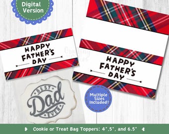 Może przedstawiać: Cyfrowe nakładki na torebki na Dzień Ojca z czerwonym wzorem w kratę. Nakładki zawierają napis "Happy Father's Day" i są dostępne w wielu rozmiarach. Pokazane jest również ciastko z napisem "Best Dad Ever".
