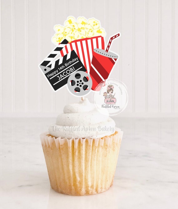 Movie Theater Cupcake Toppers | Movie Night | Popcorn and Clapboard Topper  | Movie Theater Cupcakes | 12 Count