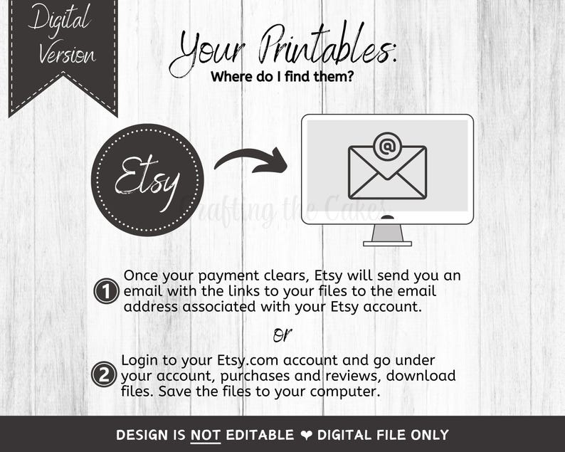 May include: A white background with black text that reads "Digital Version" and "Your Printables: Where do I find them?"  A black circle with the word "Etsy" in white text. A black and white illustration of a computer screen with an email icon.  The text below the image reads "Once your payment clears, Etsy will send you an email with the links to your files to the email address associated with your Etsy account. or Login to your Etsy.com account and go under your account, purchases and reviews, download files. Save the files to your computer. DESIGN IS NOT EDITABLE DIGITAL FILE ONLY"