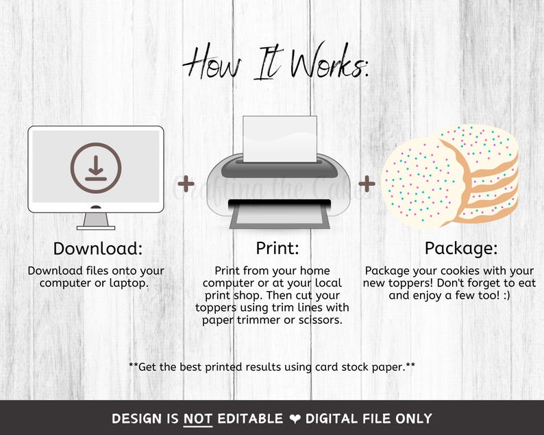 May include: Instructions on how to download, print, and package cookie toppers. The image shows a computer screen with a download arrow, a printer, and a stack of cookies with colourful sprinkles. The text says "Get the best printed results using card stock paper."