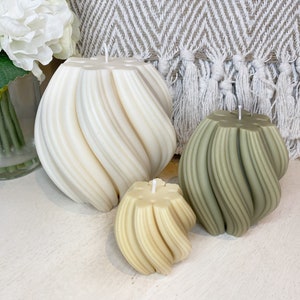 Cylindrical Geo | Set Of 3 | Candles | Spiral | Twist | Pillar | Decorative |  Handmade | Soy Wax | Ivory | Sage Green | Butterscotch |