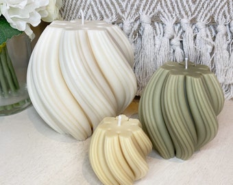 Cylindrical Geo | Set Of 3 | Candles | Spiral | Twist | Pillar | Decorative |  Handmade | Soy Wax | Ivory | Sage Green | Butterscotch |