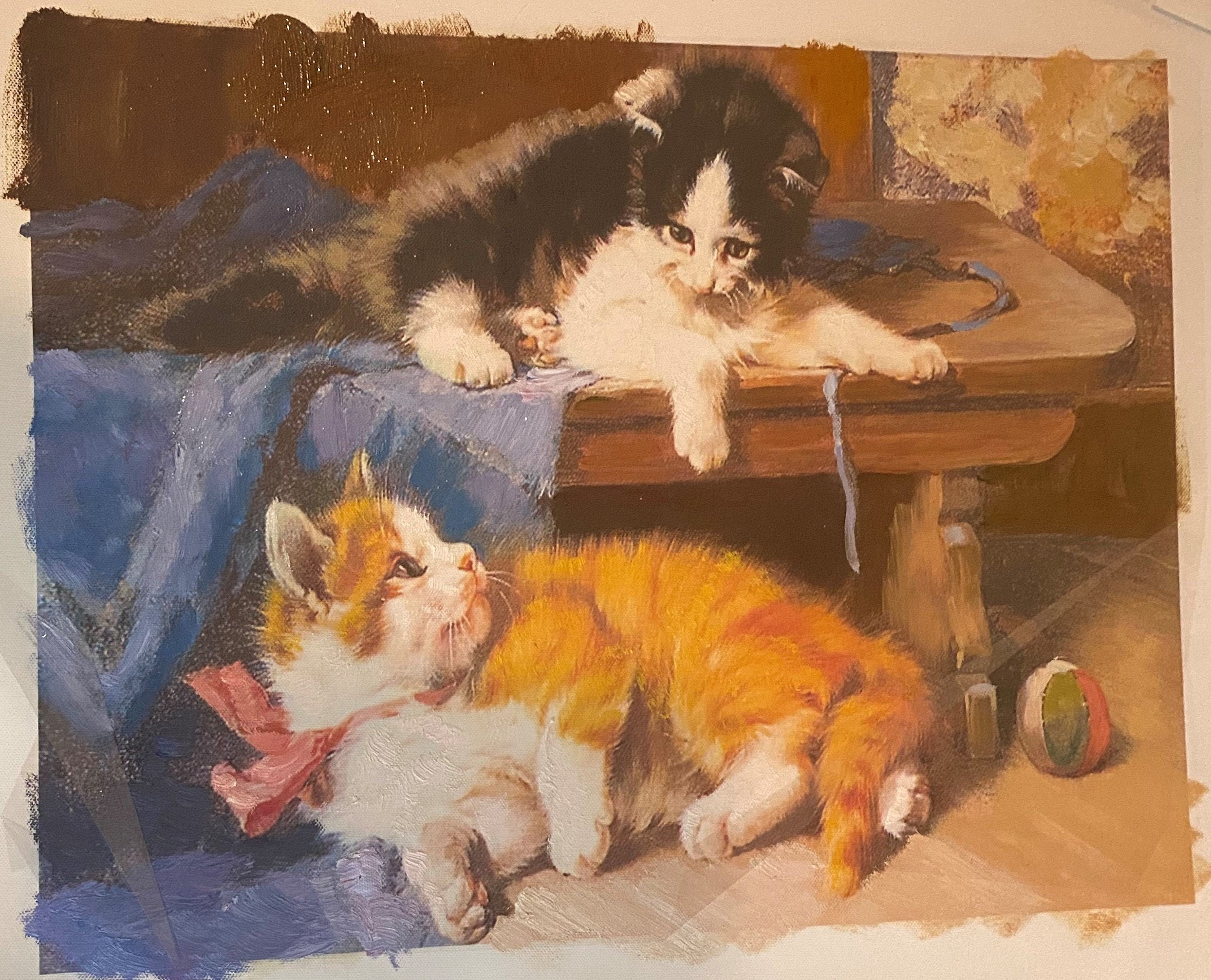 Cats playing with yarn on canvas Etsy