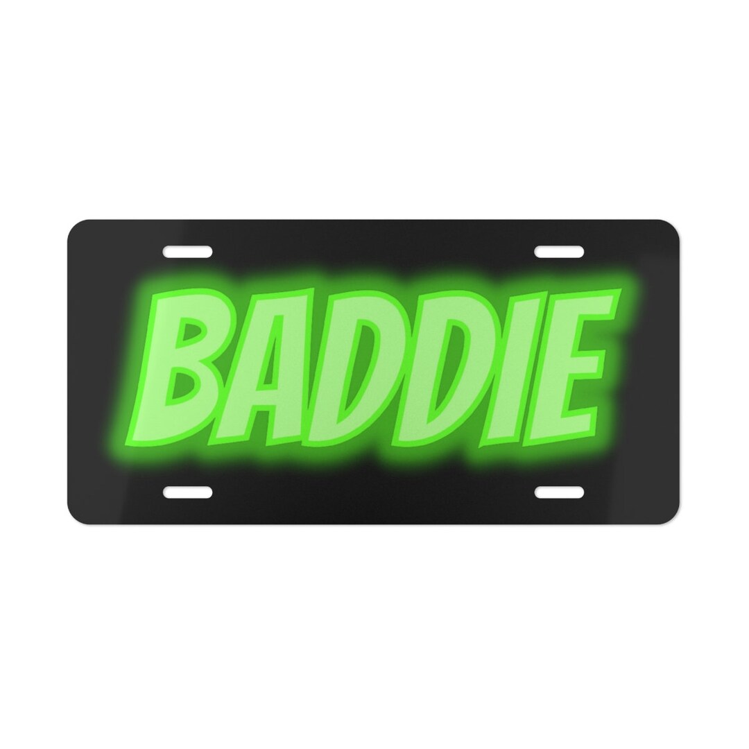 Green Glow Baddie Vanity Plate, Black & Green Vanity Plate, Front