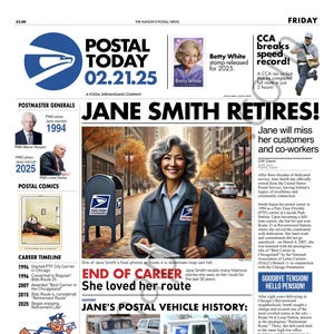 May include: A newspaper article about a postal worker named Jane Smith who is retiring after 30 years of service. The article includes a photo of Jane Smith, a timeline of her career, and a history of the postal vehicles she has driven. The article also includes a postal fact about Benjamin Franklin establishing the USPS in 1775.