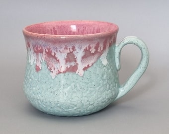 Turquoise and Pink Textured Handmade Pottery Mug With Handle