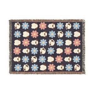 Couverture tissée rétro à motif marguerite et carlin | Jeté à motif floral