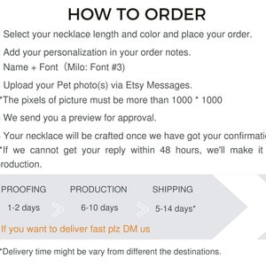 Puede incluir: Un gr&aacute;fico informativo titulado HOW TO ORDER con cinco pasos numerados para un collar personalizado. Detalla la selecci&oacute;n de longitud y color, la personalizaci&oacute;n, la carga de fotos de mascotas y los tiempos de producci&oacute;n.