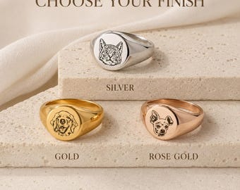 Custom Pet Portrait Signet Ring, Engraved Dog Cat Memorial Jewelry