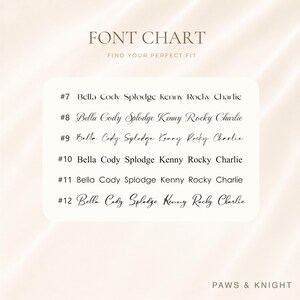 Puede incluir: Una tabla de fuentes que muestra seis opciones tipogr&aacute;ficas numeradas del #7 al #12. Cada l&iacute;nea presenta los nombres Bella, Cody, Splodge, Kenny, Rocky y Charlie en diferentes tipos de letra. El encabezado dice FONT CHART FIND YOUR PERFECT FIT y el pie de p&aacute;gina PAWS & KNIGHT.