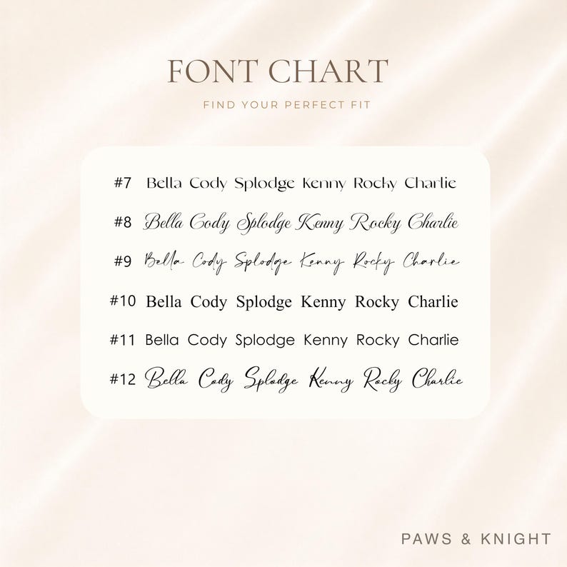 Puede incluir: Una tabla de fuentes que muestra seis opciones tipogr&aacute;ficas numeradas del #7 al #12. Cada l&iacute;nea presenta los nombres Bella, Cody, Splodge, Kenny, Rocky y Charlie en diferentes tipos de letra. El encabezado dice FONT CHART FIND YOUR PERFECT FIT y el pie de p&aacute;gina PAWS & KNIGHT.