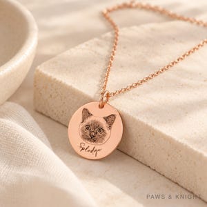Puede incluir: Un collar con colgante circular en tono oro rosa que presenta una ilustraci&oacute;n grabada de la cara de un gato y el nombre Splodge escrito en letra cursiva debajo del retrato felino. El colgante cuelga de una fina cadena met&aacute;lica.