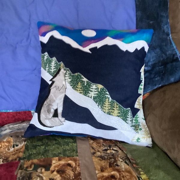 Denim throw pillow cover with appliqué artwork wolf & northern lights