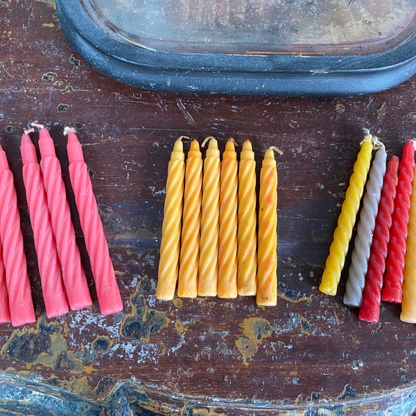 Vintage coloured taper candles. In sets of 6, 3 sets available.
