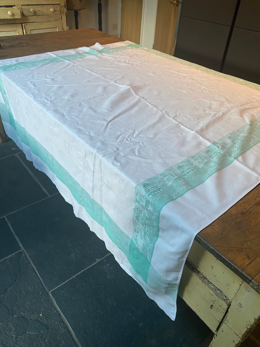 Vintage Irish Linen Tablecloth With Oriental Weaved Design Etsy