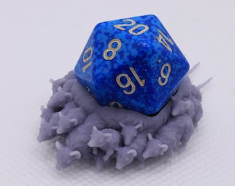 May include: A blue 20-sided die with gold numbers sits on top of a cluster of gray 3D printed mice.