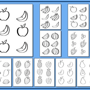 Pu&ograve; includere: Disegni in bianco e nero di diversi frutti, tra cui mele, banane, arance, angurie, uva, mango, fragole, ananas, pesche e pere.